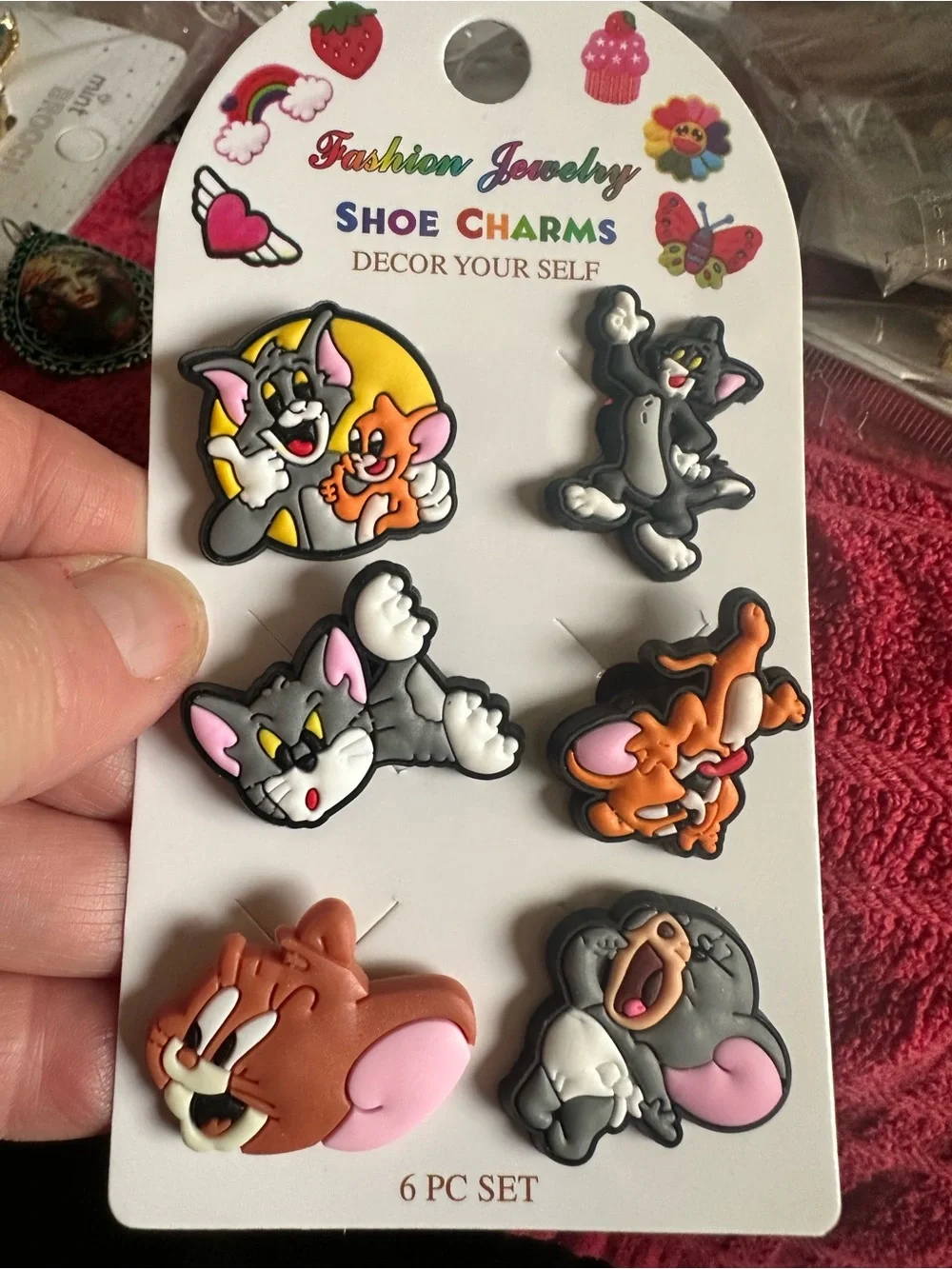 Fashion Jewelry Tom & Jerry Shoe Charms - Gray, Orange, Pink (6 Pc Set)
